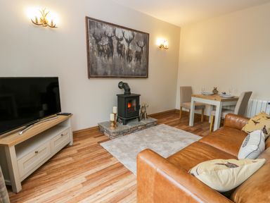 A living room with a brown leather sofa a stove with candles a dining table with two chairs and a television on a stand at Wagtail Nest Northfield Cottage in Scalby