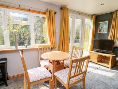 A dining area with a round wooden table and four chairs near windows and a television on a wooden stand at The Hen Pen in Star near Cenarth