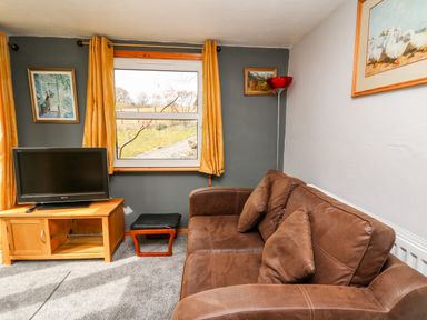 A living room with brown sofa a wooden TV stand with a television and framed pictures on the walls at The Hen Pen in Star near Cenarth