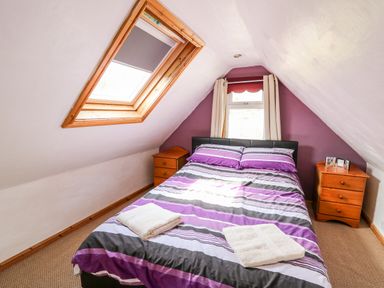 A bedroom with a double bed between two wooden nightstands under a skylight window at The Hen Pen in Star near Cenarth