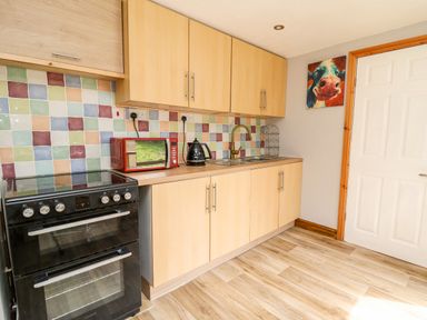 A kitchen with light wood cabinets a black stove a red microwave a black kettle a sink with a gold faucet and a colorful tiled backsplash at The Hen Pen in Star near Cenarth