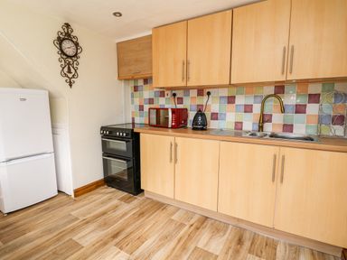 A kitchen with wooden cabinets a black stove a white refrigerator a red microwave a kettle a sink and multicolored tiled backsplash at The Hen Pen in Star near Cenarth