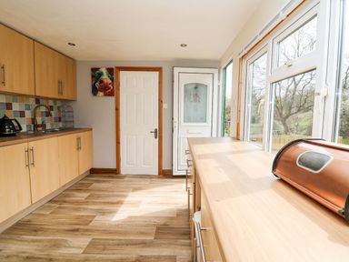 A kitchen with wooden cabinets a sink kettle a bread box and windows showing trees at The Hen Pen Star near Cenarth