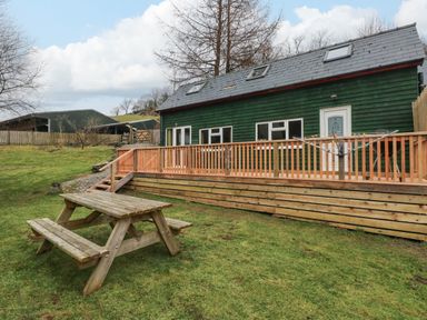 A green wooden house with a deck and picnic table on a grass lawn at The Hen Pen in Star near Cenarth