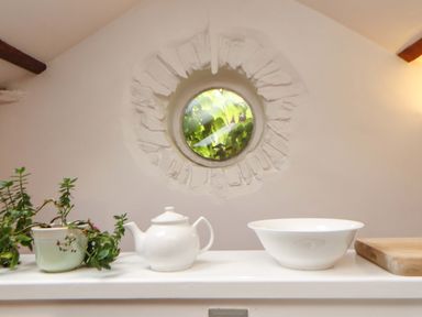 A kitchen with a window, a plant, a teapot, a bowl, and a cutting board at Holemire Barn in Lorton