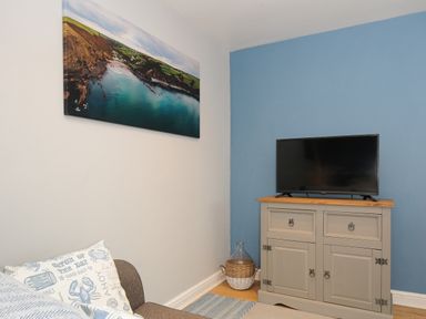 A corner of a living room with a grey cabinet holding a television a seagrass basket a sofa with cushions and a coastal landscape photo on the wall at Coastal Haven in Crackington near Crackington Haven