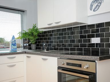 A kitchen corner with white cabinets a black tiled backsplash a stainless steel oven and a plant on the counter at Coastal Haven in Crackington near Crackington Haven