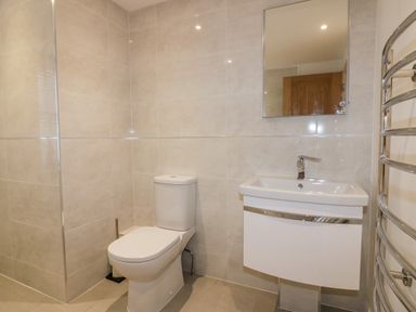 A bathroom with a toilet, a sink with a mirror above it and a towel rack at Midships in Mevagissey