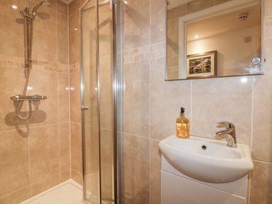 A bathroom with a shower enclosure sink with a faucet and a bottle of soap at Midships in Mevagissey