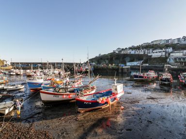 A harbor with fishing boats on mud at low tide with houses on a hill in the background at The Crows Nest in Mevagissey