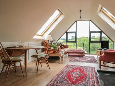 An attic living room with skylights a wooden table with chairs a brown sofa cushions a television and patterned rugs at The Lookout in Llangrove