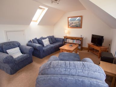 A living room with blue sofas a wooden coffee table a bookshelf a TV on a wooden stand and a skylight window at Bramble Cottage in Newgale