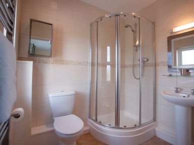 A bathroom with a toilet shower cubicle sink mirror and towel rail at Bramble Cottage in Newgale