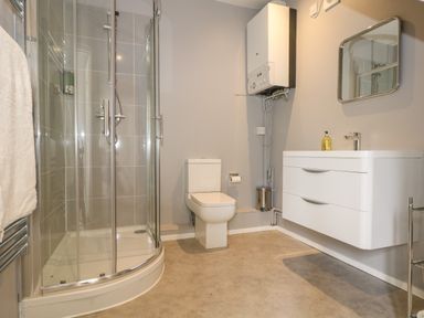 A bathroom with a glass shower enclosure a toilet a white vanity with a sink a wall-mounted boiler and a mirror at Thames Reach in Wallingford