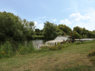 A motorboat docked on a river with trees along the riverbank at Thames Reach in Wallingford