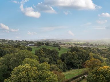 A landscape view of fields and trees at Ty Berllan in Caersws
