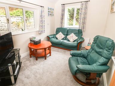 A living room with green leather chairs a wooden coffee table and a television on a stand at Ochr Y Garth in Maenan