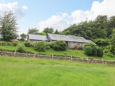 A single story stone house surrounded by bushes and trees with a stone wall and grassy field in front at Ochr Y Garth in Maenan