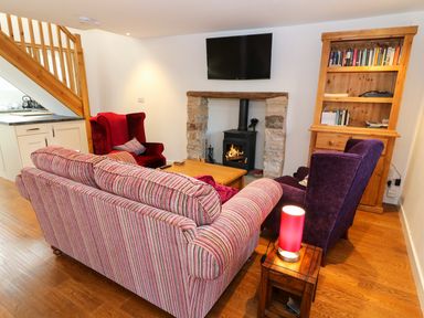 A living room with a striped sofa two armchairs a fireplace a wooden bookcase and a small table lamp at Linden Cottage in Ravenstonedale Nr Kirby Stephen