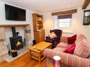 A living room with a wood burning stove under a stone fireplace and a wall mounted tv at Linden Cottage in Ravenstonedale Nr Kirby Stephen