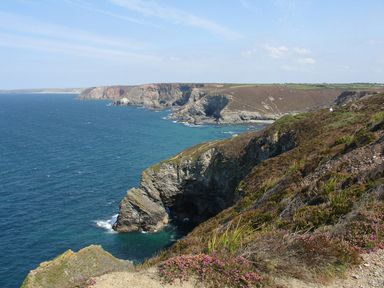 A coastal cliffside with rocky outcrops and vegetation overlooking the ocean at Oreos Cottage in St Agnes