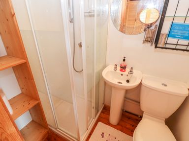 A bathroom with a shower, sink, toilet, wooden shelves, a round mirror, and a white rug at The Lodge in Rosemarket