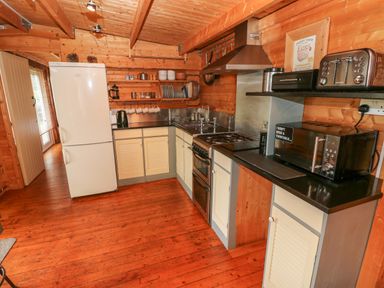 A kitchen with wooden walls and floors a white refrigerator a stovetop oven microwave toaster and shelves with dishes and mugs at The Lodge in Rosemarket