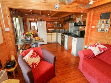 A wooden kitchen and living area with a fridge, stove, armchair, couch, and table with flowers at The Lodge in Rosemarket