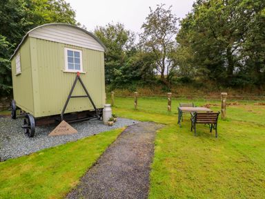 A green shepherds hut with a path leading to a table and chairs on grass at Shepherds Hut - The Crook in Rosemarket near Neyland