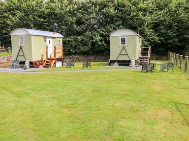 Two shepherd huts on a grassy area with benches and tables at Shepherds Hut - The Crook Rosemarket near Neyland