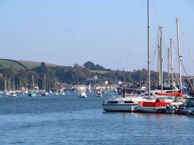 A harbor with sailboats and motorboats on water with hills and buildings in the background at Phenests in Falmouth