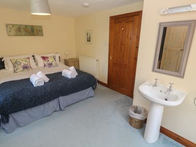 A bedroom with a double bed, bedside table, sink with mirror, and a wooden door at Beggars Roost in Penhallow