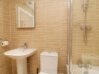 A bathroom with a sink toilet mirror and bathtub with shower at Admirals Quarter Apartment 4 in Weymouth