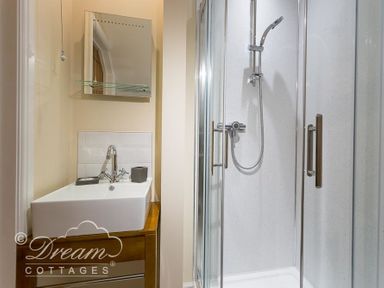 A bathroom with a sink and mirror on the left and a glass-enclosed shower on the right at Baytree Lodge in Osmington