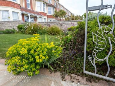 A garden with yellow flowers green bushes and a metal seahorse decoration at Beach View Apartment 2 in Greenhill