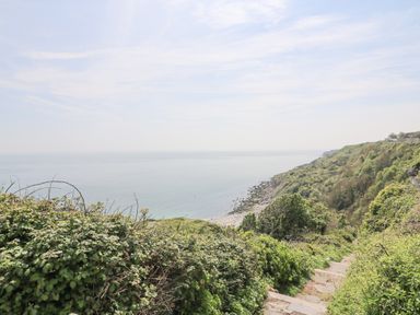 A coastal view with steps leading down through greenery to a rocky shoreline at Bowman's Cottage in Wakeham Portland