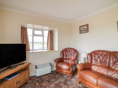 A living room with leather armchairs a wooden TV stand with a television a window with curtains and a patterned carpet at Cliff Farm No 2 Cottage Burton Bradstock