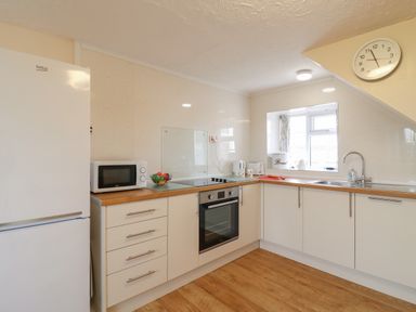 A kitchen with a refrigerator microwave oven stove sink and window at Cliff Farm No 2 Cottage Burton Bradstock