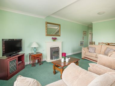 A living room with sofas a coffee table a television and a fireplace at The Doves in Burton Bradstock