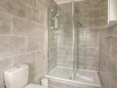 A bathroom with a toilet shower enclosure and tiled walls at The Doves in Burton Bradstock