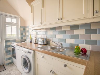 A kitchen with a double sink, washing machine, toaster, kettle, wine bottle, and vegetables on the counter at The Doves in Burton Bradstock