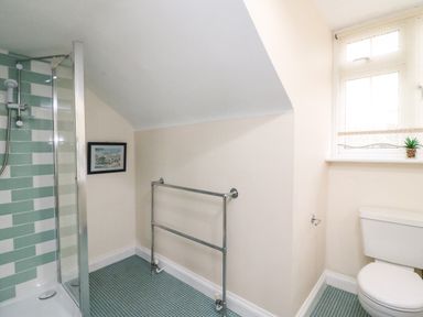 A bathroom with a shower, toilet, towel rail, small window, and a framed picture on the wall at The Doves in Burton Bradstock