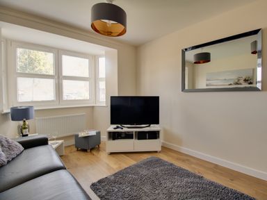 A living room with a black leather sofa a television on a white stand a grey rug and a window at The Ferns in Weymouth