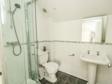 A bathroom with a shower enclosure toilet sink and mirror at Footprint in Brewers Quay Harbour