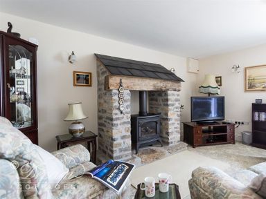A living room with a stone fireplace wood-burning stove TV floral armchairs and a display cabinet at Grazeland Cottage in Bridport