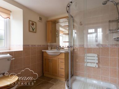 A bathroom with a toilet wooden vanity with sink mirror and a glass shower enclosure at Grazeland Cottage in Bridport