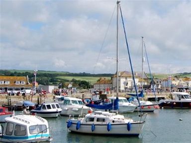 A harbor with several boats docked near a small town with buildings and green fields in the background at Grazeland Cottage in Bridport
