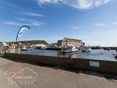 A harbor with boats docked near buildings and a hillside under a blue sky at Grazeland Cottage in Bridport