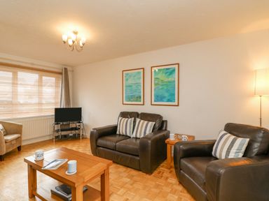 A living room with two framed paintings on the wall a wooden coffee table with mugs and a magazine brown leather sofas a small television and a beige armchair at Home Waters in Wyke Regis