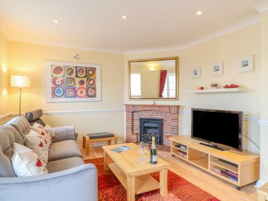 A living room with a sofa table lamp fireplace and television at Hops House in Brewers Quay Harbour